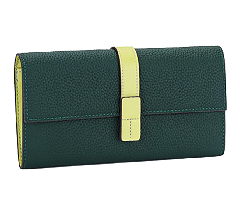 Carteira feminina longa de couro genuíno com botão de grande capacidade para celular, porta-cartões, porta-moedas, Verde escuro - amarelo claro, Carteira feminina de couro bovino longa