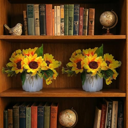 Image of Dekorly Artificial Lavender Plant in White Pot, 18cm - Realistic Faux Flower Arrangement for Home & Office Decor (Set of 1) (2, Sunflower)