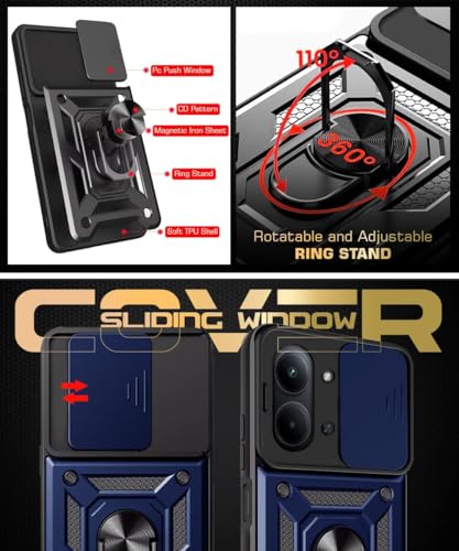 Image of Luxe Back Cover Compatible for Redmi 15C 5G / Poco C85 5G | D10 Tough Armor Case | Sliding Camera Shield | 360 Protection | Kickstand Ring Holder | Military-Grade Bumper Case - Blue