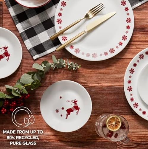 Winter Holiday 12-Piece Round Dinnerware Set With Stone-Smooth Feel, Modern Dinner Set For Dessert, Salad And Soup | Durable Triple Layer Glass | Lightweight Plates And Bowls Set (Rudloph) #TOP3