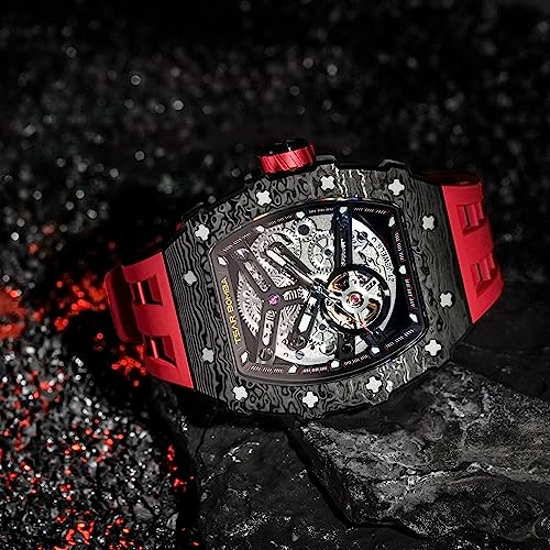Image of TSAR BOMBA Automatic Watches for Men,50M Waterproof Men's Watch,Luxury Mechanical Skeleton Analog Watch,Silicone Watch Bands Carbon Fiber Case Black Watch,Gifts for Men Business Casual