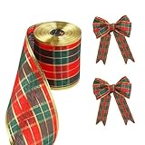 Hainue Rot und Grün Plaid Sackleinen Band 63mm in Breite,Weihnachten Dekoband mit Goldkante,Verdrahtet Plaid Bänder für Handwerk,Geschenk Verpackung, Bögen, Baumdeko(9.14m)