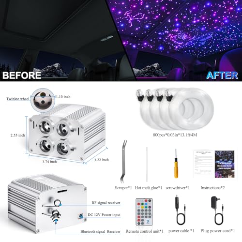 Image of 4 Colors 32W Twinkle Car Starlight Headliner Kit 800pcs*0.03in*13.1ft with APP&RF Remote,RGBW Fiber Optic Strands Star Roof Lights,4 Port Engine Sound Activated Ceiling Star Lights for Home /Car Decor