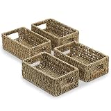 Graciadeco 4 Small Wicker Pantry Baskets 10 Inch Rectangle Woven Seagrass Rattan Pantry Storage Bask
