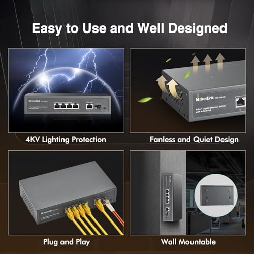 Image of MokerLink 4 Port PoE Switch, 1 Gigabit Uplink, 1 SFP, IEEE802.3af /at 75W, PoE Watchdog AI Detection, QoS, Fanless Metal Plug & Play Ethernet Switch