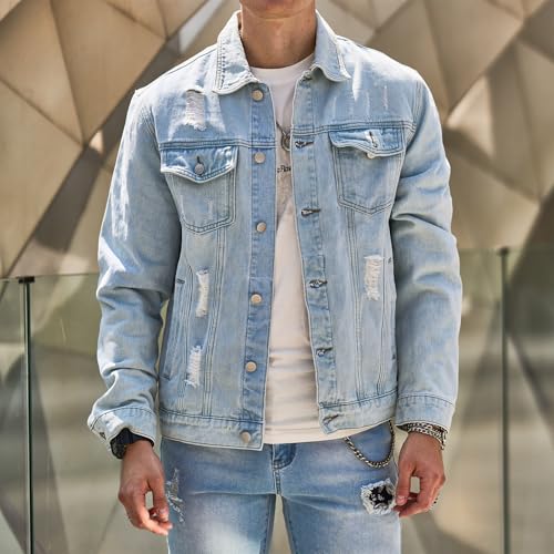 Jean Jacket for Men Button down Distressed Ripped Solid Color Casaul Denim Outerwear Jacket Coat with Multiple Pocket2