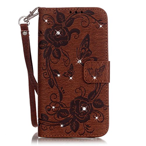 PowerQ Colorful Pattern Series Painting Print PU Artificial-Leather Case Holster < Rhinestone embossed Butterfly ( Brown ) - for Samsung Galaxy S7Edge G935 > Drawing Flower Bloom Wallet Purse Bag Cellphone Case mobile Cover Soft Protect Skin with Credit Card Stand Holder Bracket