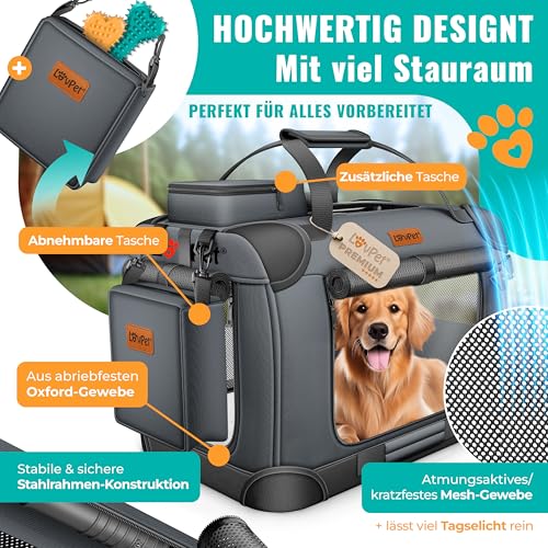 LOVPET® Transportbox Hund Katze Transporttasche XXL 92x64x64cm | Hunde-Tragetasche Faltbare Katzentasche | Haustier-Transportbox inkl. Hundenapf & Schultergurt | für Katzen & Hunde Anthrazit