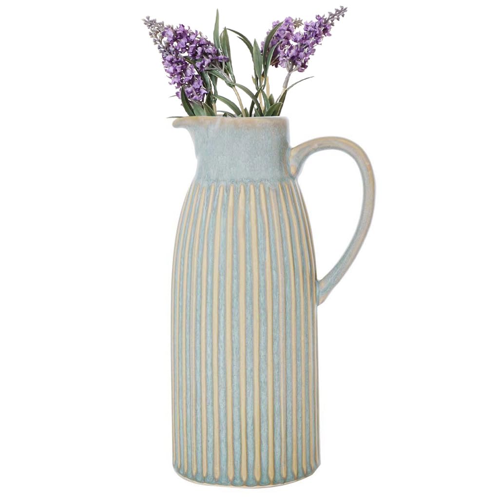 Pitcher Jug Vase Blue Ribbed Flower Vase Glazed Ceramic Jug (Large)