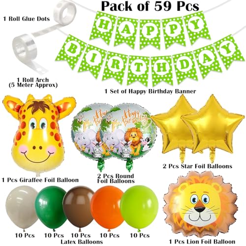 Image of Safari Jungle Theme Birthday Decoration Kit with Animal Foil Balloon, Happy Birthday Decoration Kit for Kids Animal Theme Bday Decor Pack of 59