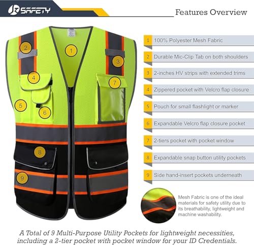 Image of JKSafety 9 Pockets High Visibility Dual Color Zipper Front MESH Lite Safety Vest | Orange Color Triming Reflective Strip | ANSI /ISEA Standards (100-Yellow-Black, S)