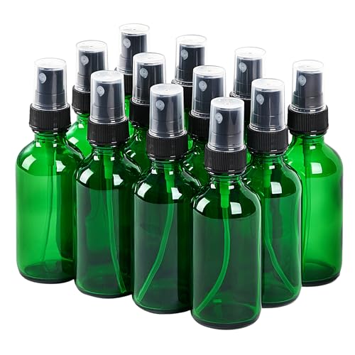 SprayDroplet 2 oz Glass Spray Bottles Reusable Fine Mist Sprayer Small Spray Bottle Leak-Proof Design Perfect for Travel Skin Care Perfumes Botanical Cleansing (Green 2oz-12pcs)