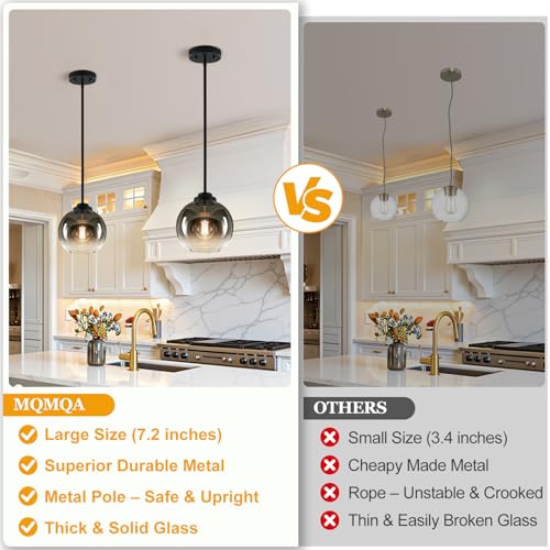 Image of MQMQA 2 Pack Globe Pendant Lights, Mid Century Pendant Light Fixtures, Globe Pendant Lights Kitchen Island with Gray Glass Shade Adjustable Hanging Fixture for Dining Room (Bulbs not Included)
