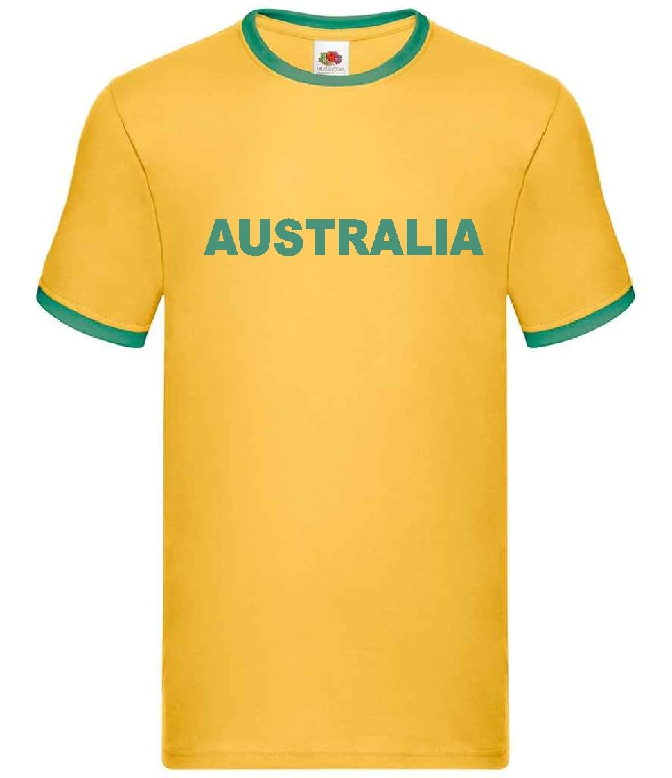 Super LemonUnisex Yellow Ringer Lightweight Casual Tshirt with Green Australia Print and Trim
