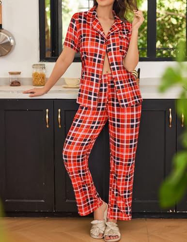 Image of Ekouaer Womens Pajamas Set 2 Piece Print PJs Soft Button Down Sleepwear Short Sleeve Lounge Set