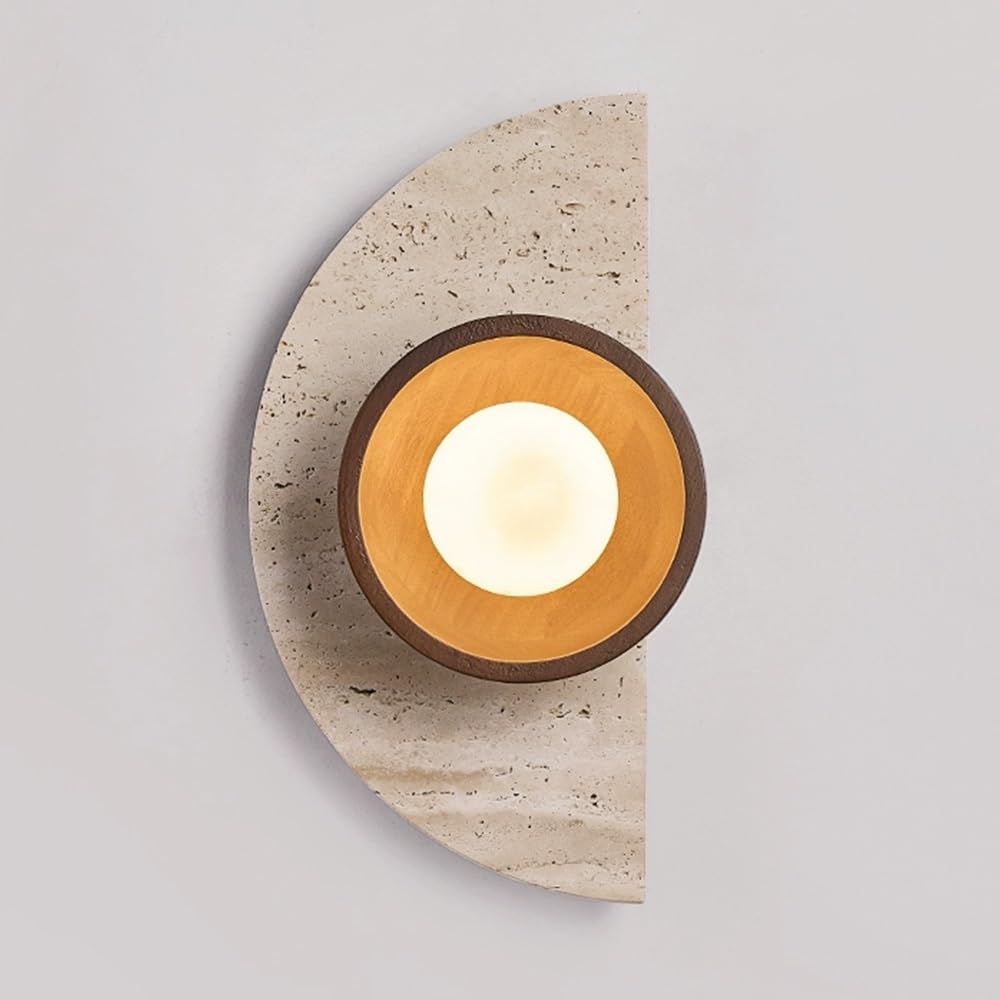 SXWNBIFH Travertine Wall Sconce Half Moon Design, Glass Shade Wall Lamp Modern Farmhouse Wabi Sabi Wood Wall Light for Bedroom Bedside Hallway Entryway Living Room