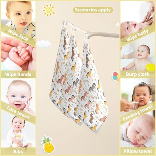 Image of vvfelixl Baby Muslin Washcloths Cartoon Horses Graze Baby Burp Cloths Cotton Babys Face Towel for Newborn Infants Boys Girls Soft and Absorbent 11.8 X 11.8 in, 3 Pack