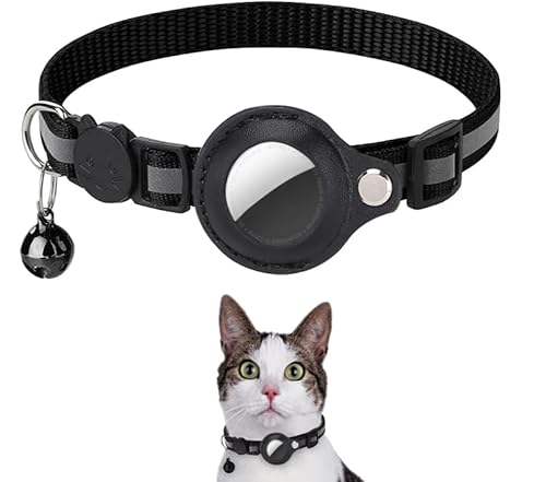 猫 AirTag ホルダー 首輪 分離 反射 ストリップ 調節可能 子猫 首輪 防水 猫 ベル 首輪 ペット エアタグ ケース (ブラック)
