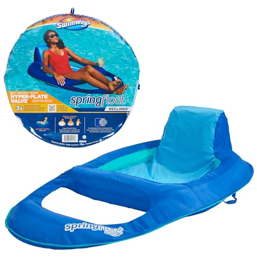 Image of SwimWays Spring Float Recliner Chair for Swimming Pool, Inflatable Pool Floats Adult with Fast Inflation, Cup Holder & Foot Rest for Ages 15 & Up, Blue