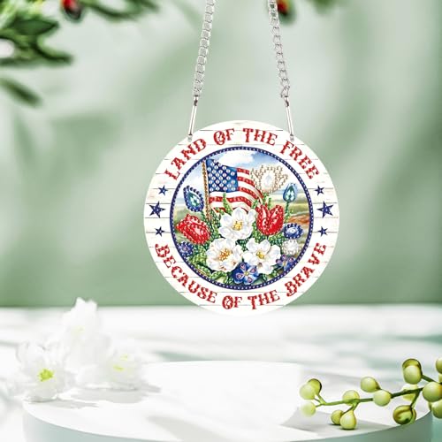 Image of DIY Independence Day Diamond Painting Hanging Kit, 5D Acrylic Special Shaped Crystal Diamond Art Pendant, inchLand of The Free inch Patriotic Wall Decor for Home, Door, or Garden, 4th of July Gift for Adults