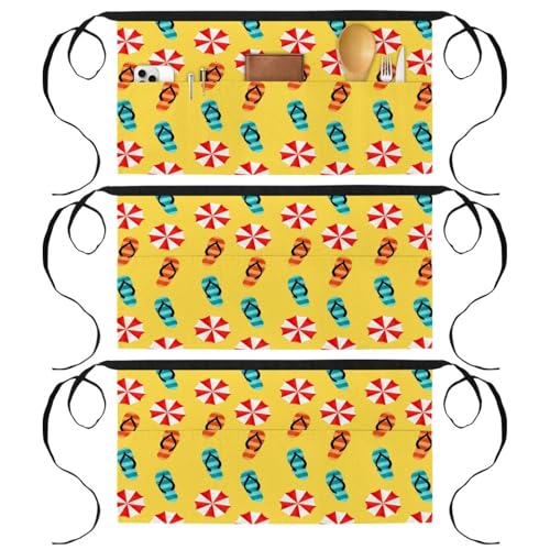 Demi-tablier de cuisine jaune lot de 3 avec poches pour serveur nettoyage et patisserie