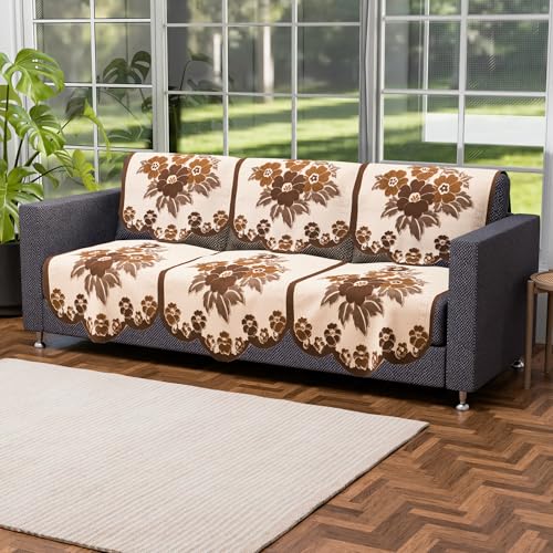 Image of Kuber Industries (Set of 10) Stylish & Durable Cotton Sofa Covers 5 Seater | Washable Sofa Protector /Mat & Slipcover for Hall, Living Room & Office | Painting Print- Cream & Brown