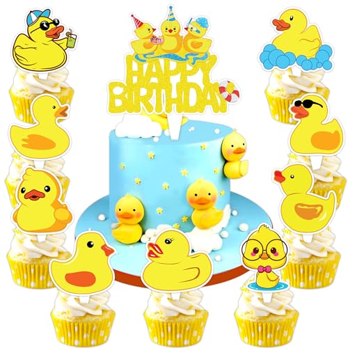 Duck Cake Topper Picks, 25 PCS Rubber Yellow Duck Cupcake Toppers Cake Decorations Ducky Farm Animal Theme Birthday Party Supplies Favors Decor Centerpiece Table for Boys Girls Carnival School Rewards
