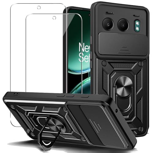 KUSINHOKA Funda para Oneplus Nord 4 con Protección de Cámara Cubierta y Soporte de Anillo + [2 Pack] Cristal Templado, [Antigolpes Grado Militar] Anti-arañazos Protectora Carcasa, Negro