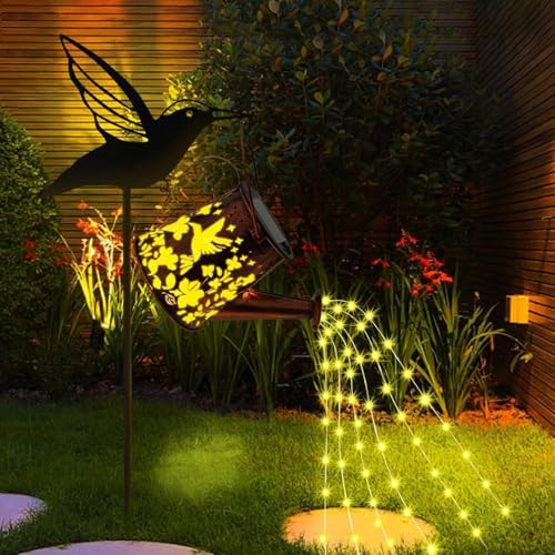 XIHAMA Arrosoir solaire avec guirlande lumineuse à 36 LED, rétro, en métal, étanche, pour jardin, terrasse, cour, allée, lanterne, décoration de plantes (colibri)
