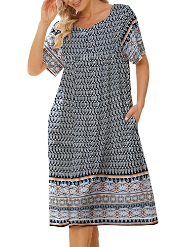 Image of House Dresses for Women with Pockets Mumu Dresses Short Sleeve Moo Moos for Women Nightgown Duster Lounge Dress S-3XL
