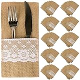 OZXCHIXU TM 100 Pack Natural Burlap Cutlery Holder Pouch Bag 4x8.5 Inch with Lace Silverware Napkin Holders Wedding Party Bridal Shower Table Setting Table Decoration