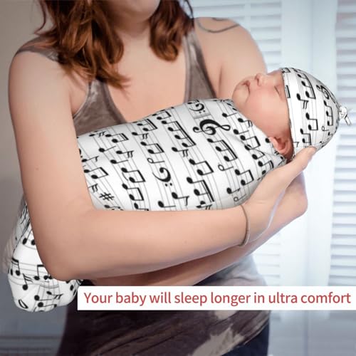 Image of Music Note Newborn Swaddle Blankets Baby Stuff Soft Swaddling Blanket with Beanie Sets Gifts For Infant Boys Girls