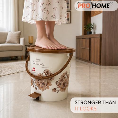 Image of PROHOME Calendula Floral Plastic Pedal Dustbin for Home, Office, Kitchen, Bathroom & Bedroom | Trash Can /Garbage Waste Bin with Lid & Handle (15L, Ivory)