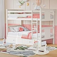 FUQARHY Bunk Bed Twin Over Twin with Storage Drawers, White Convertible Wood Twin Bunk Beds with Ladder and Safety Guardrail, No Box Spring Needed (White)