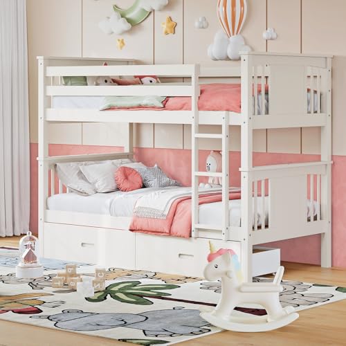 FUQARHY Bunk Bed Twin Over Twin with Storage Drawers, White Convertible Wood Twin Bunk Beds with Ladder and Safety Guardrail, No Box Spring Needed (White)