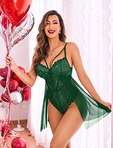 Image of Avidlove Babydoll Lingerie for Women Floral Snap Crotch Teddy Chemise Nightie Lace Nightgown