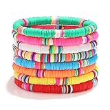 NVENF Heishi Beaded Bracelets Rainbow Vinyl Bead Stretch Bracelet Bangles Lightweight Layering Stack