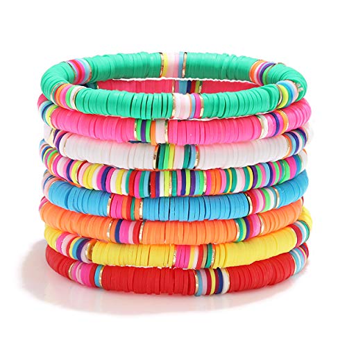 NVENF Heishi Beaded Bracelets Rainbow Vinyl Bead Stretch Bracelet Bangles Lightweight Layering Stacking Surfer Strand Bracelets for Summer Beach Vacation (8)
