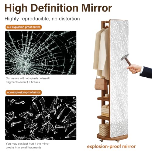 Image of WoodsWhisper Full Length Mirror Coat Rack Solid Wood Floor Mirror 66 inchx12 inch Full Length Mirror with Stand Long Mirrors for Bedroom,Living Room (Walnut-Mobile, 66 inch Lx12 W)