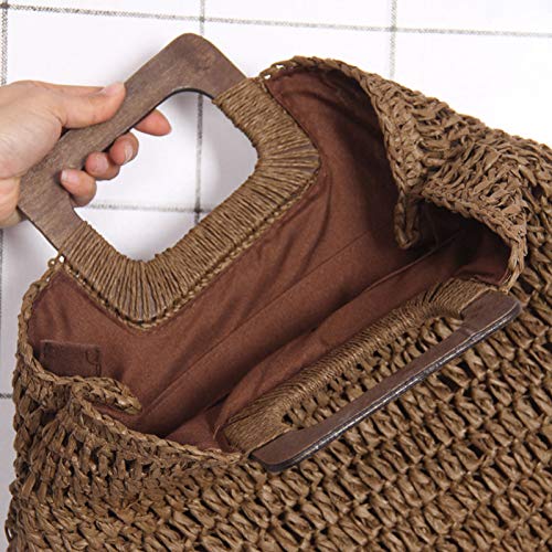 Bolso tote de paja con asa de madera para mujer, bolso tejido tipo hobo para verano, playa y viaje (café) miniatura 7