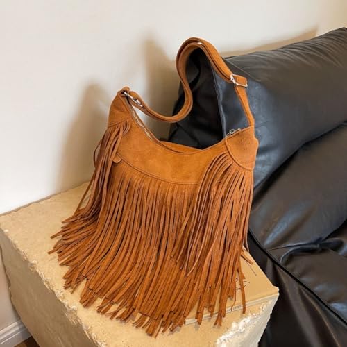 Image of Women Vintage Suede Fringe Hobo Bag Tote Shoulder Bag Crossbody Bag and Hippie Western Cowgirl Purse Shoulder Bag