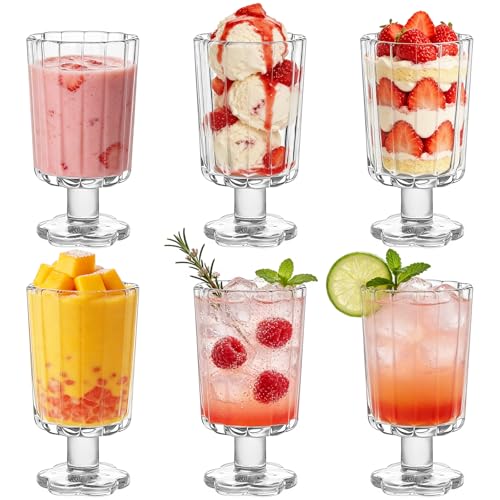 Hioph Set of 6 Flower-Shaped Ice Cream Cups Drinking Glasses and Sundae-Style Stemmed Glasses Suitable for Juice Ice Cream Cocktails and Desserts 270ML Clear Milkshake Glasses