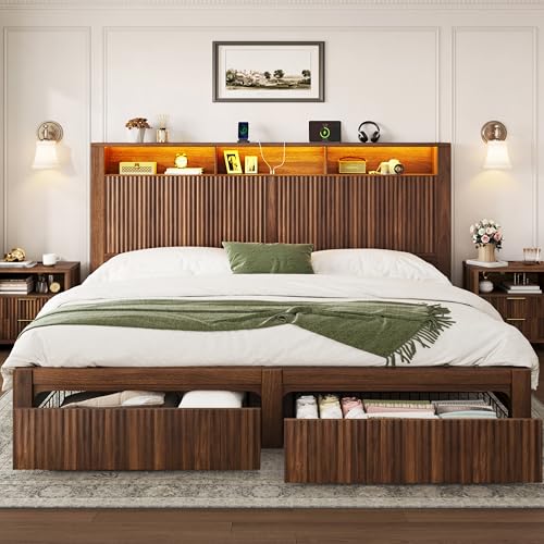 CypBed King Size Bed Frame and Headboard& 2 Storage Drawers, King Bed Frame with LED Light and...