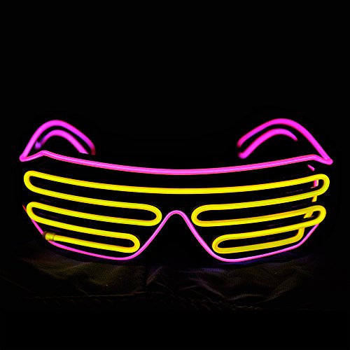 Light Up Shutter Neon Rave Flashing Glasses El Wire LED Sunglasses Glow Costumes for Party, 80s, EDM RB03 (Pink - Yellow)2
