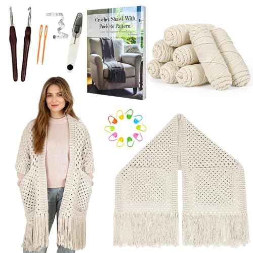 Arborthread Crochet Kit for Beginners, All-Season Pocket Shawl Light Khaki