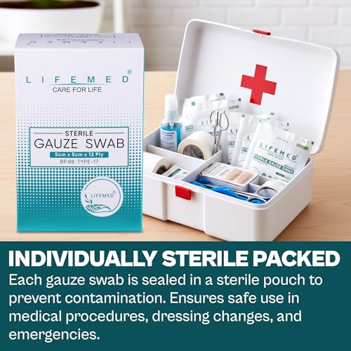 Image of LIFEMED Sterile Gauze Swab 5cm x 5cm 12-Ply Type-17 | Highly Absorbent Cotton Gauze Pads for Wound Dressing, First Aid, and Medical Use (Box of 10 Pouches - 40 Swabs)