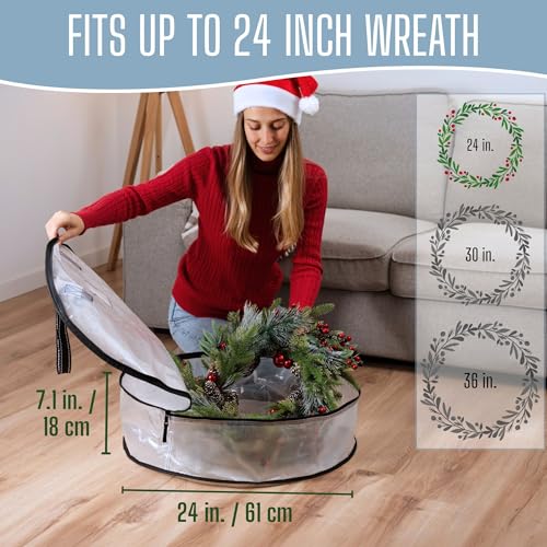 Image of VENO 2 Pack Summer Wreath Storage Container, 24 Inch Clear Wreath Bag, Spring, Christmas Garland Decoration Organizers with Zipper and Durable Handles (Clear, 24 inch-2 Pack)