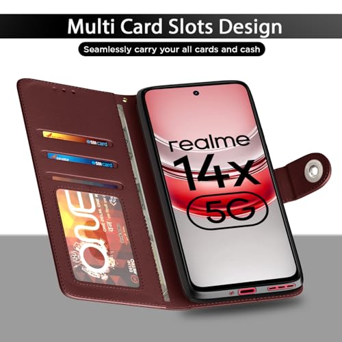 Image of Pikkme Flip Cover Leather Finish | Inside TPU with Card Pockets | Wallet Stand and Shock Proof | Complete Protection Button Flip Case for Realme Narzo 80x 5G / Realme P3x 5G / Realme 14X 5G (Brown)