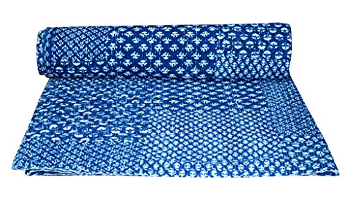 Yuvancrafts - Colcha para cama de matrimonio (algodón puro), diseño de patch, color índigo
