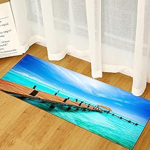 Vloerkleden Voor Hal,Antislip Gebied Tapijt Houten Brug Over De Zee Blauwe Lucht Landschap 3D Print Hal Entree Runner…